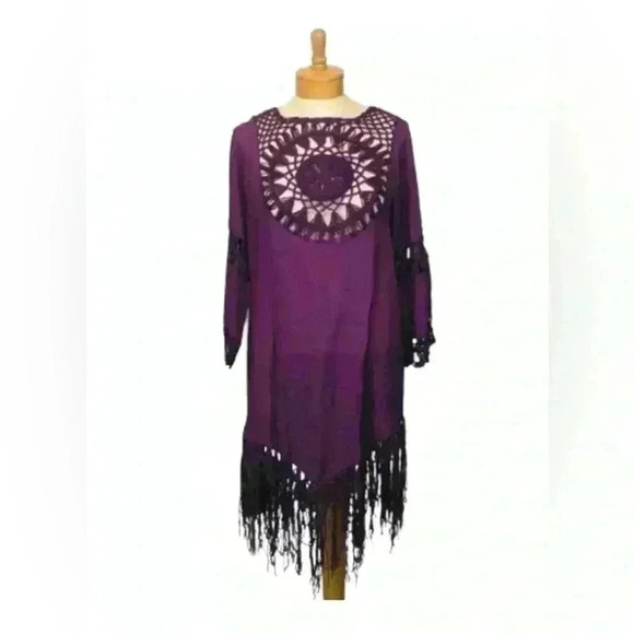 NWT Eggplant Purple Crochet Fringe Boho Swim Beach Resort Cover Up size small - Picture 1 of 12